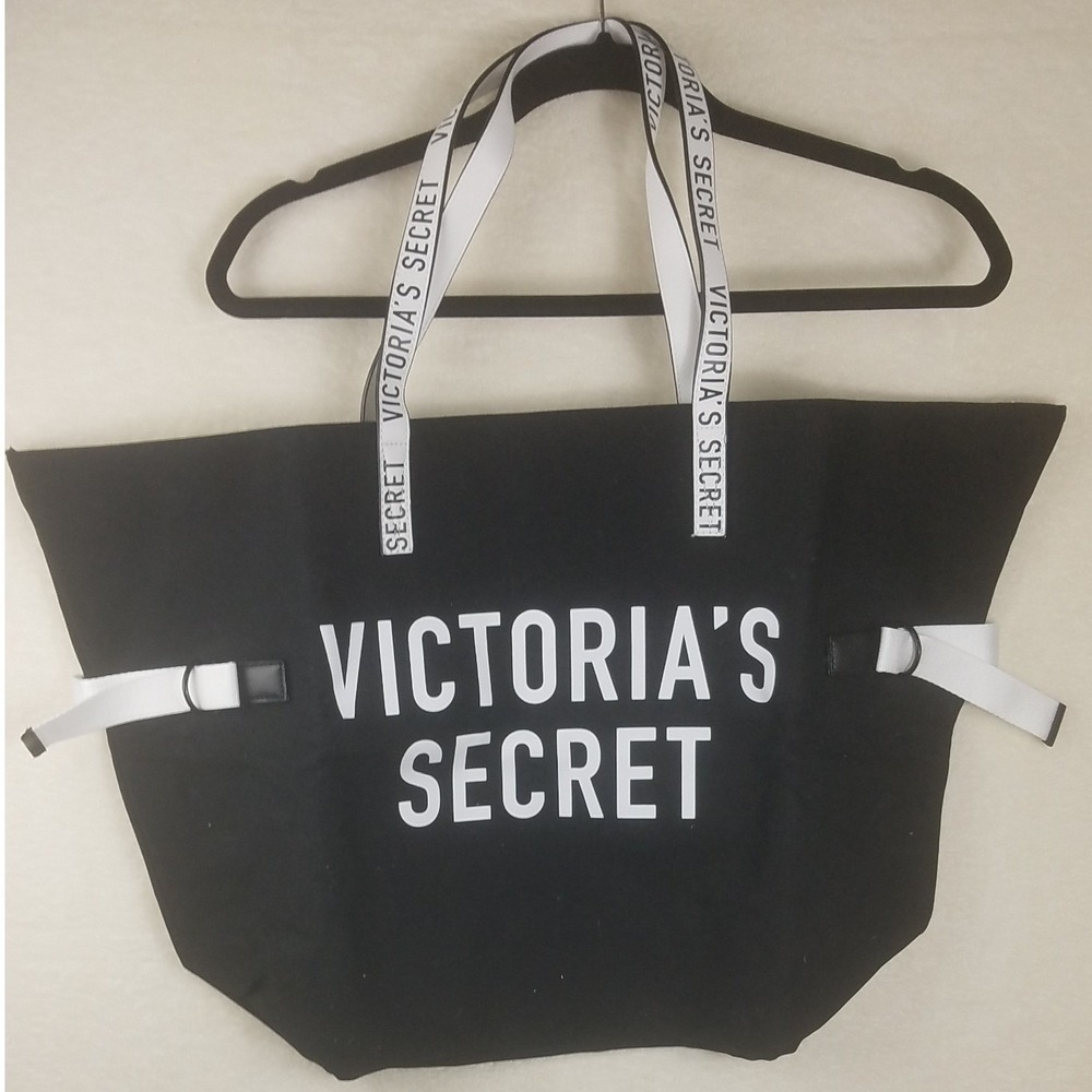 Victorias Secret Black‎ Canvas Tote Bag Large Logo Print Travel Beach Bag White